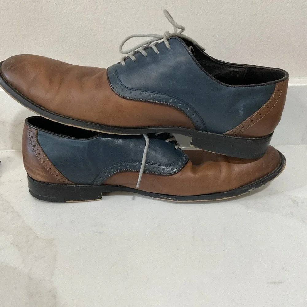 Aston Grey Mens 12 Leather Two Tone Saddle Oxford Dress Shoes Brown Navy Wingtip